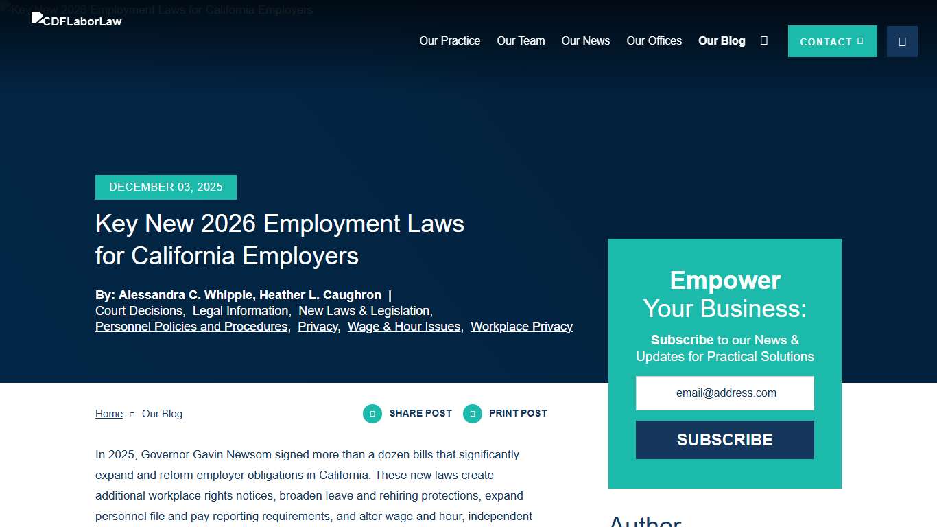 Key New 2026 Employment Laws for California Employers CDF Labor Law LLP